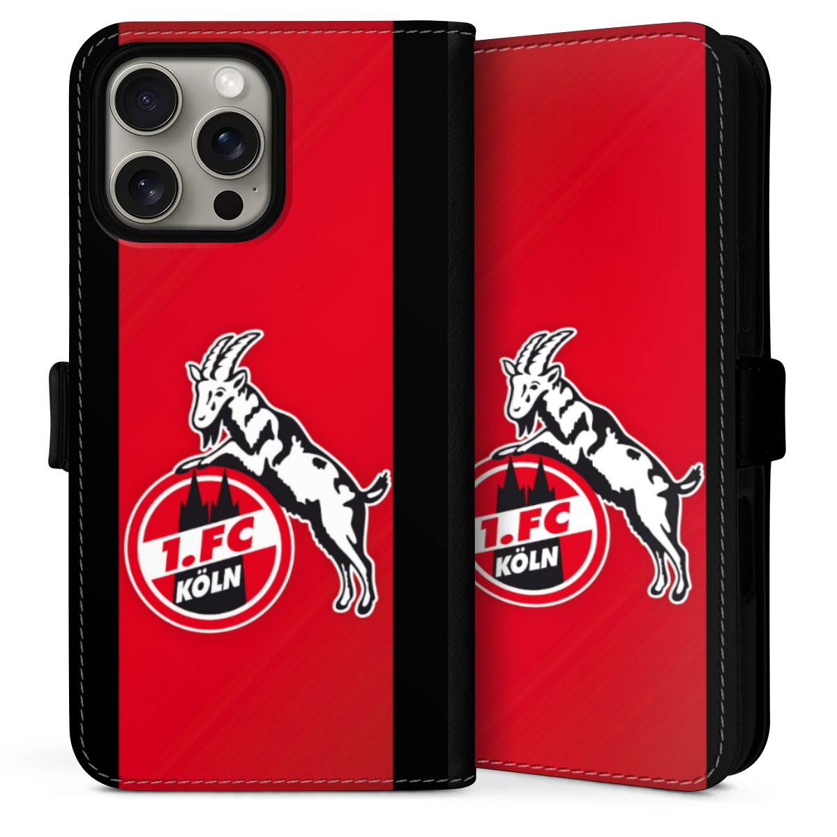 iPhone 16 Pro Handy Klapphülle Handyhülle aus Kunst Leder schwarz Flip Case Official Licensed Product Billy Goat Hennes 1. Fc Köln Sideflip mit Lasche