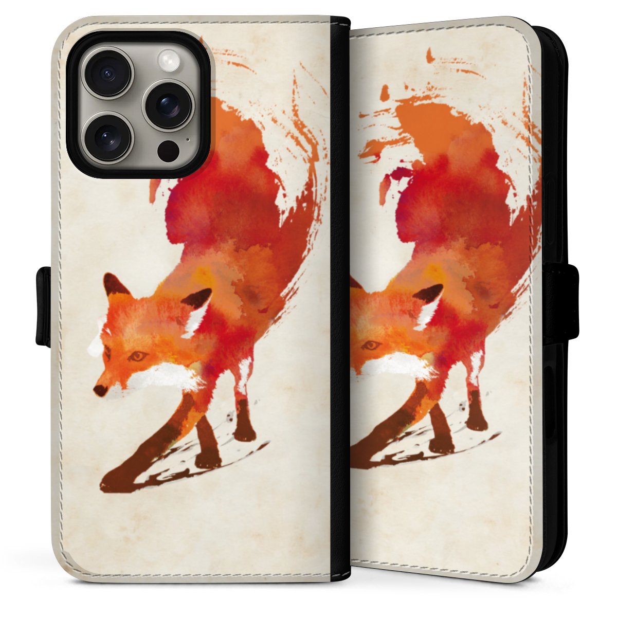 iPhone 16 Pro Handy Klapphülle Handyhülle aus Kunst Leder schwarz Flip Case Fox Graphic Sideflip mit Lasche