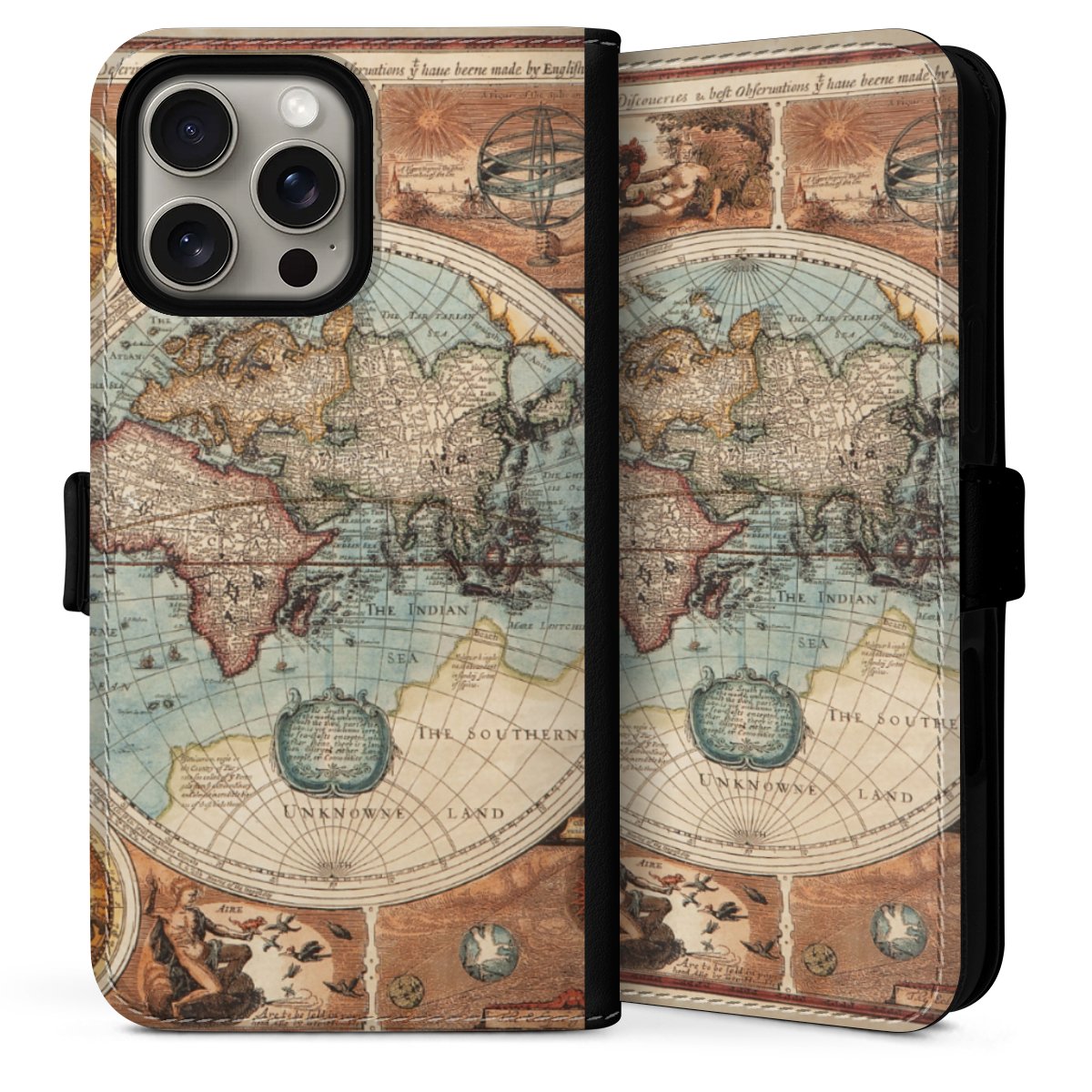 iPhone 16 Pro Handy Klapphülle Handyhülle aus Kunst Leder schwarz Flip Case World Map Vintage Map Sideflip mit Lasche