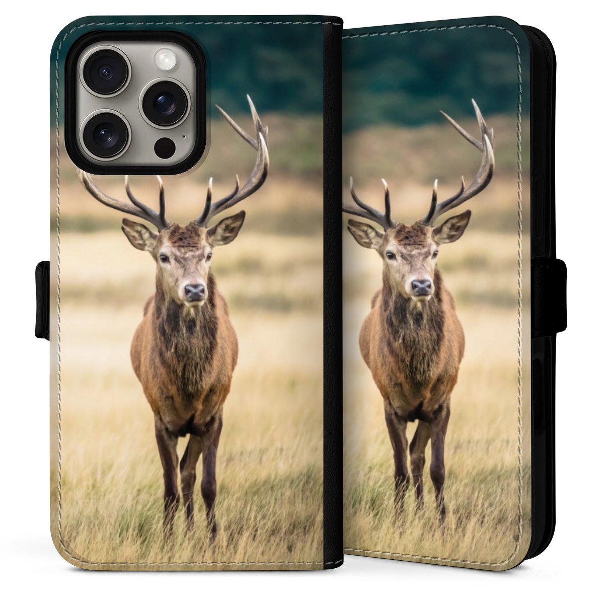 iPhone 16 Pro Handy Klapphülle Handyhülle aus Kunst Leder schwarz Flip Case Deer Meadow Forrest Sideflip mit Lasche