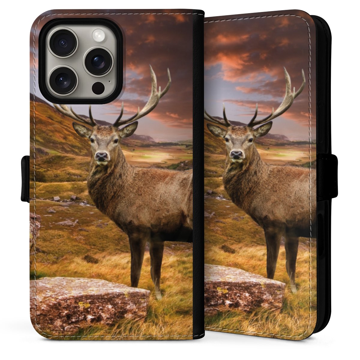 iPhone 16 Pro Handy Klapphülle Handyhülle aus Kunst Leder schwarz Flip Case Meadow Mountain Deer Sideflip mit Lasche