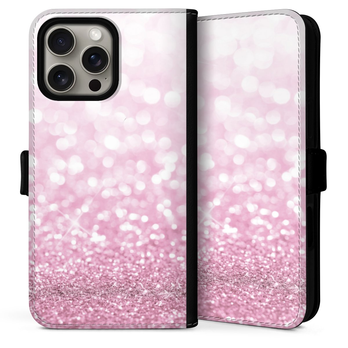 iPhone 16 Pro Handy Klapphülle Handyhülle aus Kunst Leder schwarz Flip Case Glitzer Pink Shine Sideflip mit Lasche