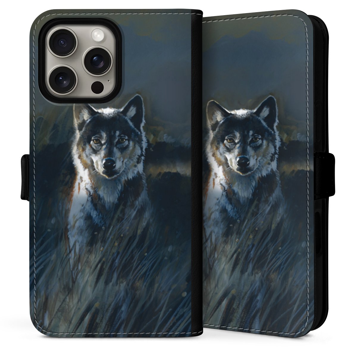 iPhone 16 Pro Handy Klapphülle Handyhülle aus Kunst Leder schwarz Flip Case Nature Wolf Painting Sideflip mit Lasche