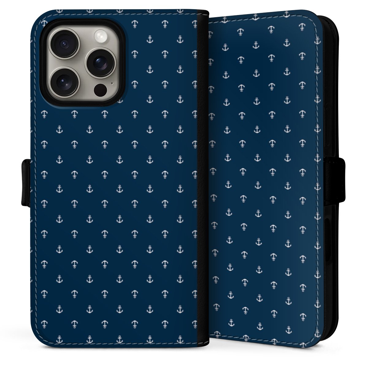 iPhone 16 Pro Handy Klapphülle Handyhülle aus Kunst Leder schwarz Flip Case Muster Anchor Sail Sideflip mit Lasche