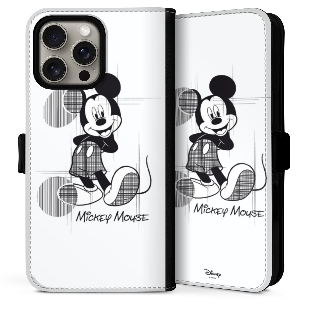 iPhone 16 Pro Handy Klapphülle Handyhülle aus Kunst Leder schwarz Flip Case Disney Official Licensed Product Mickey Mouse Sideflip mit Lasche