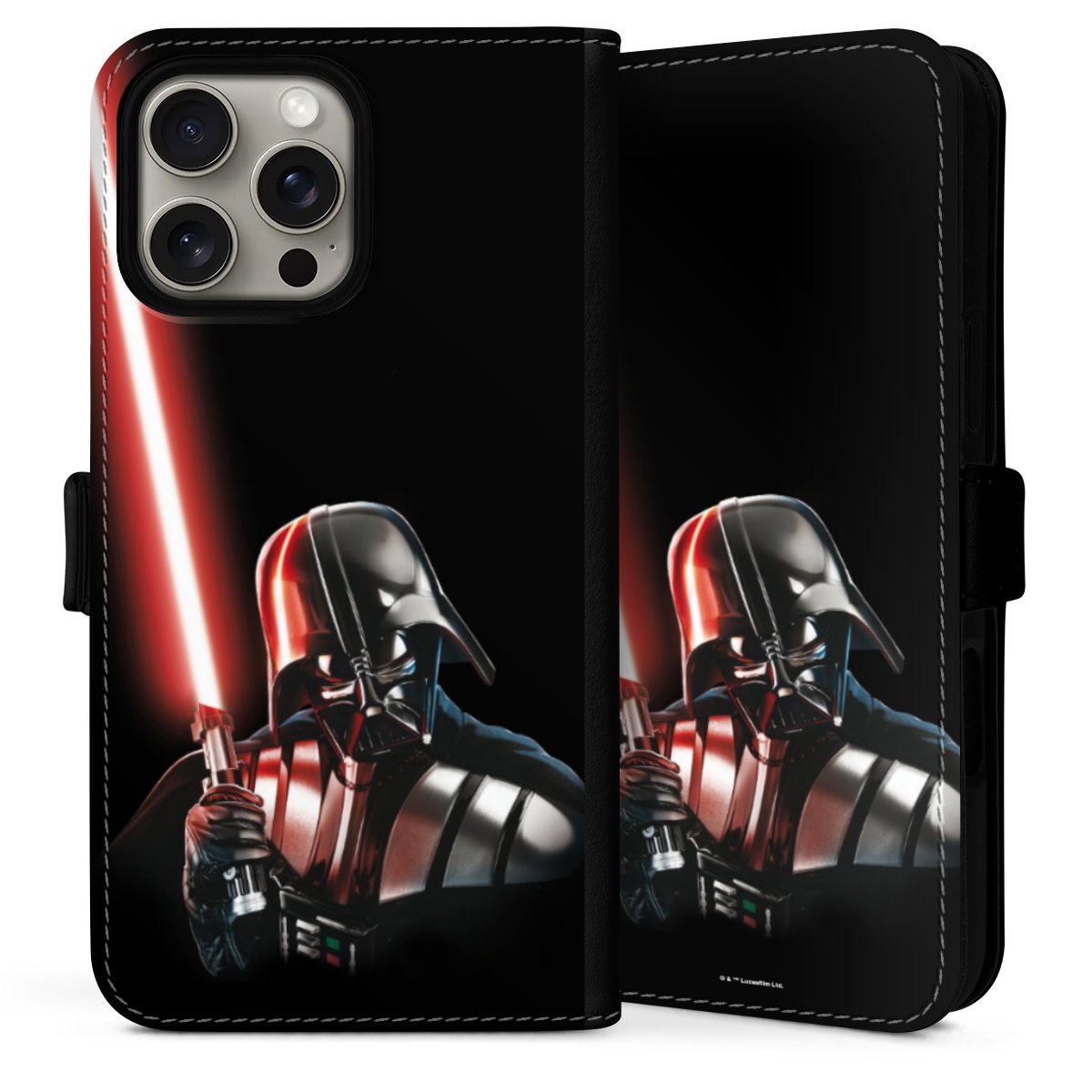 iPhone 16 Pro Handy Klapphülle Handyhülle aus Kunst Leder schwarz Flip Case Star Wars Merchandise Darth Vader Sideflip mit Lasche