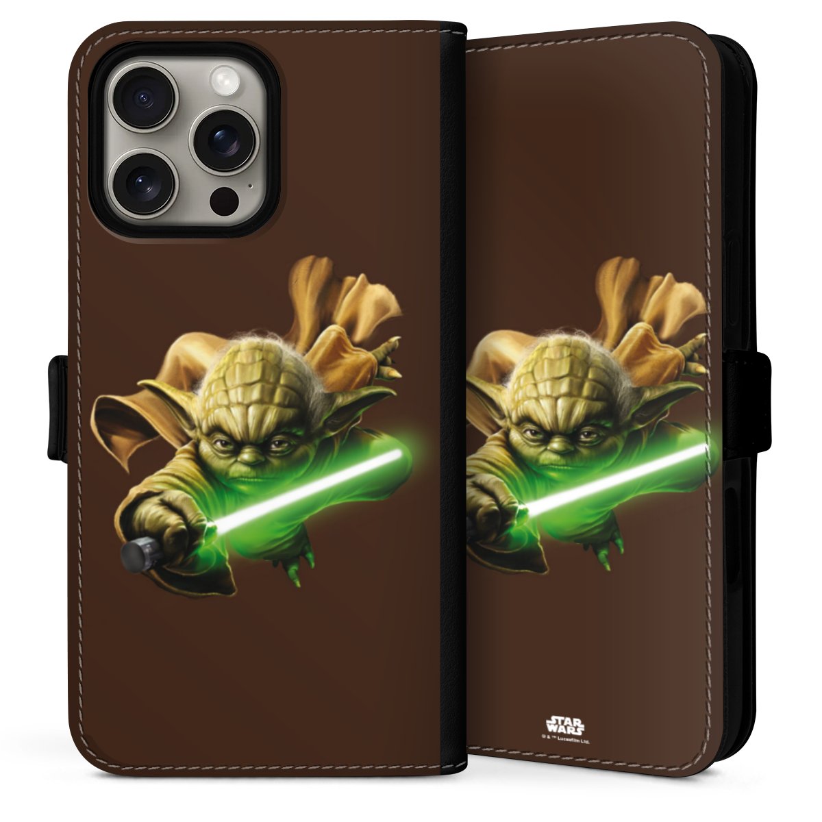 iPhone 16 Pro Handy Klapphülle Handyhülle aus Kunst Leder schwarz Flip Case Yoda Merchandise Star Wars Sideflip mit Lasche