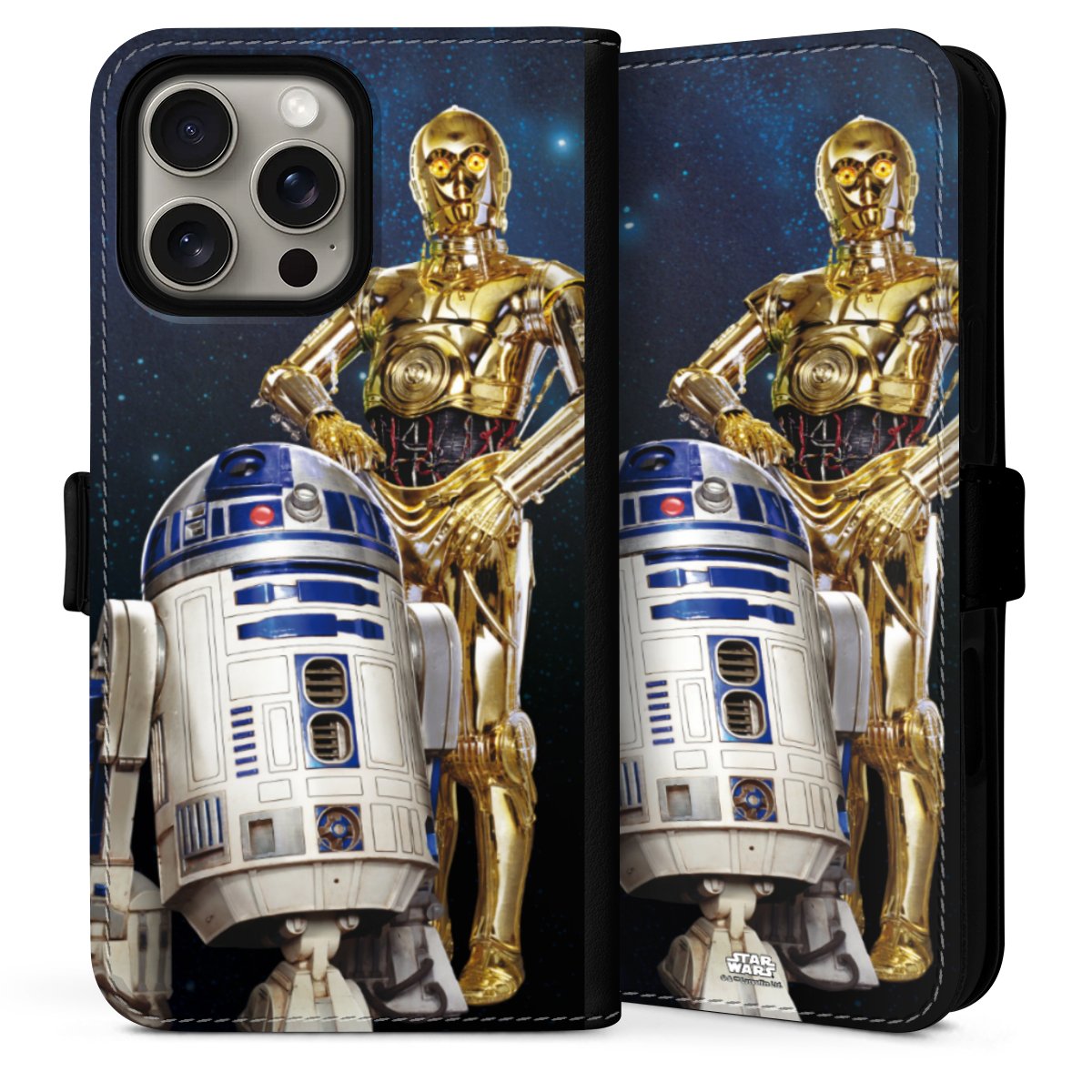 iPhone 16 Pro Handy Klapphülle Handyhülle aus Kunst Leder schwarz Flip Case Weltall Star Wars R2d2 Sideflip mit Lasche