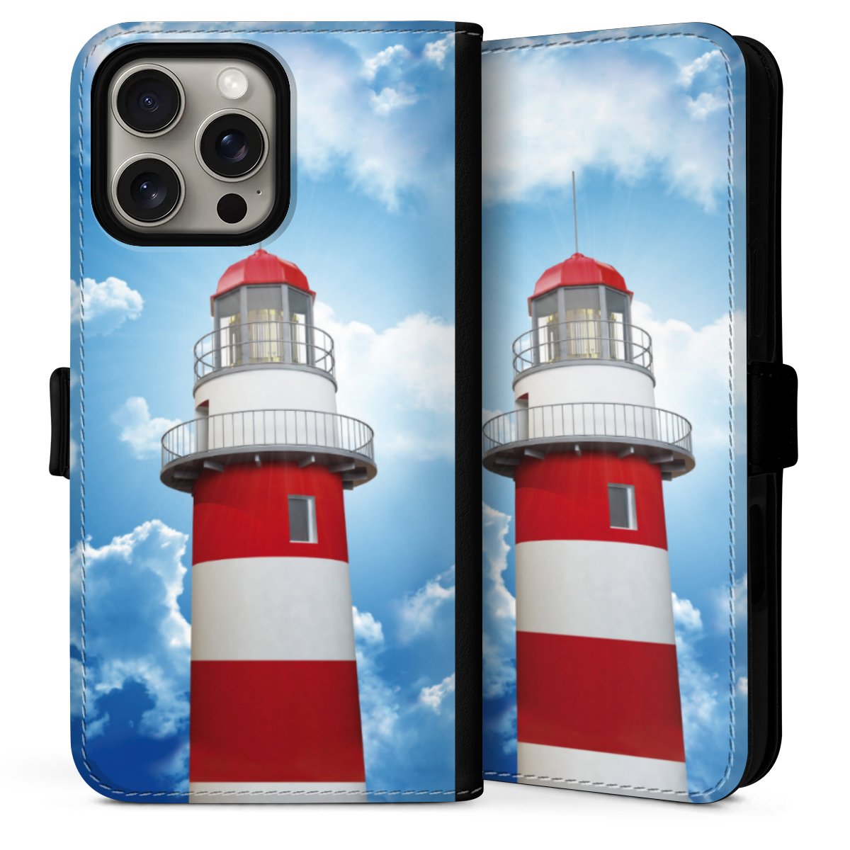 iPhone 16 Pro Handy Klapphülle Handyhülle aus Kunst Leder schwarz Flip Case Lighthouse Sky Cloud Sideflip mit Lasche