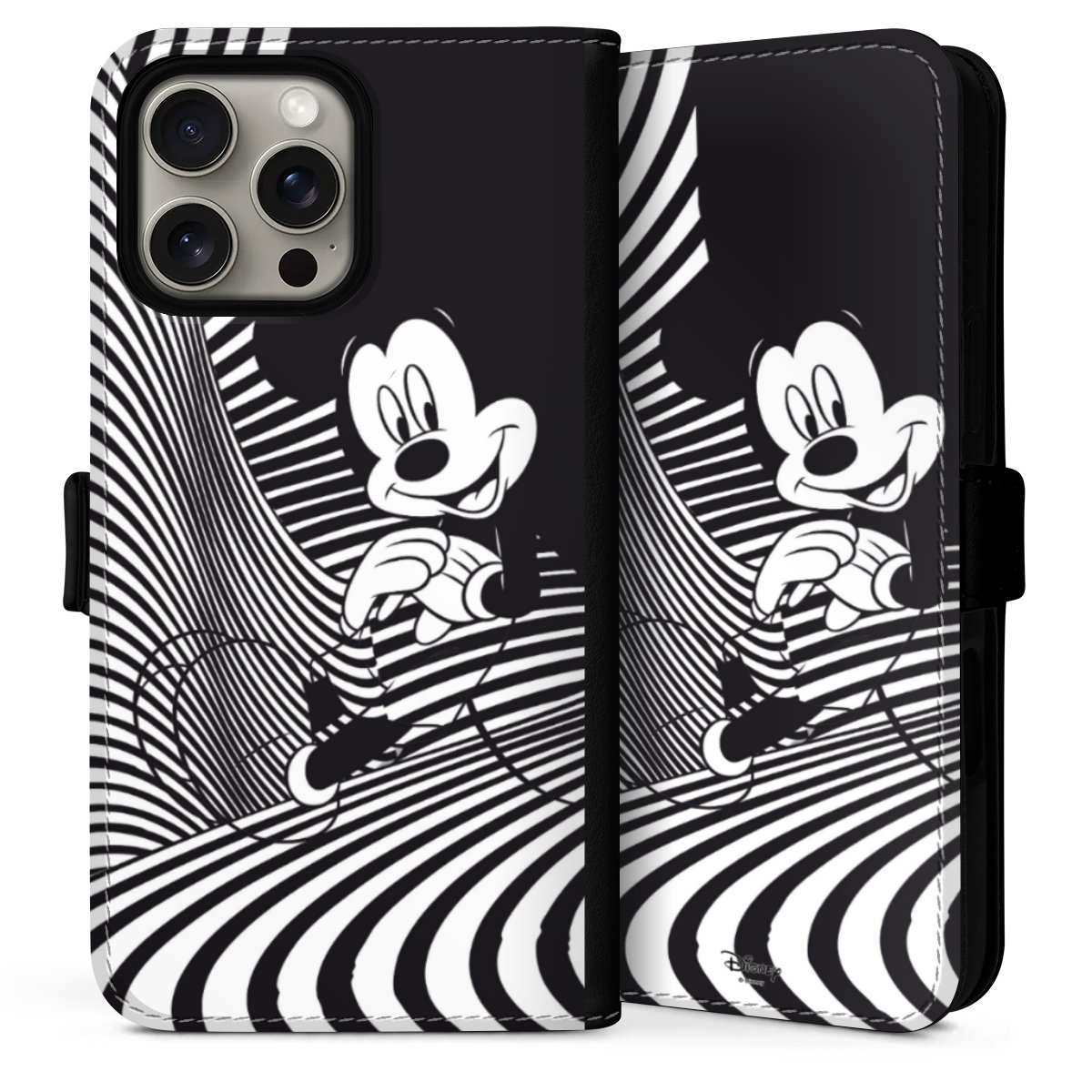 iPhone 16 Pro Handy Klapphülle Handyhülle aus Kunst Leder schwarz Flip Case Disney Official Licensed Product Mickey Mouse Sideflip mit Lasche