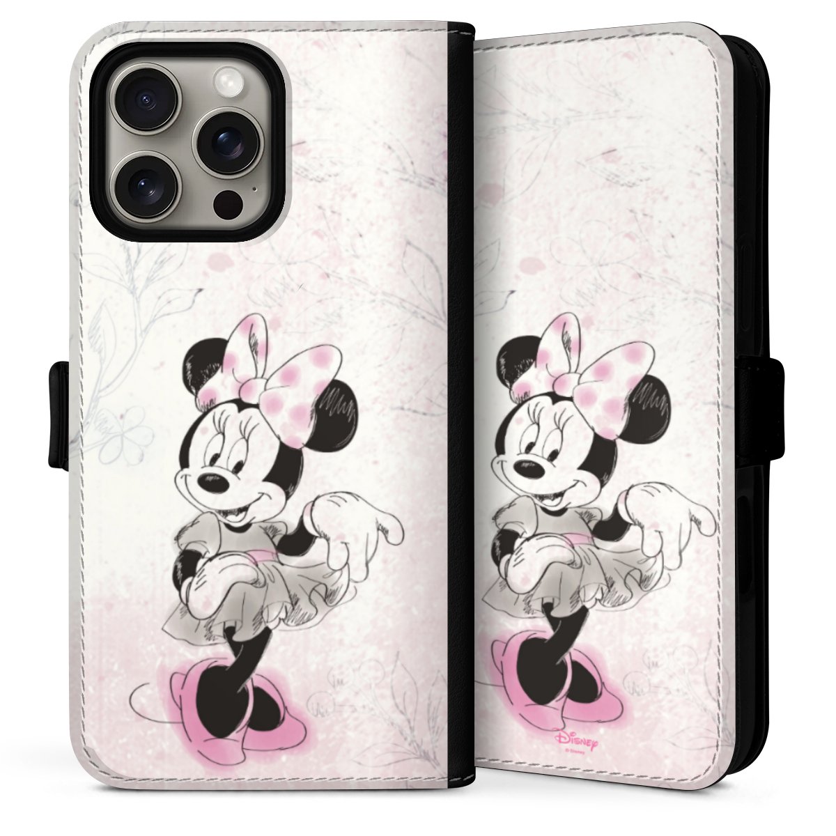 iPhone 16 Pro Handy Klapphülle Handyhülle aus Kunst Leder schwarz Flip Case Disney Minnie Mouse Vintage Sideflip mit Lasche