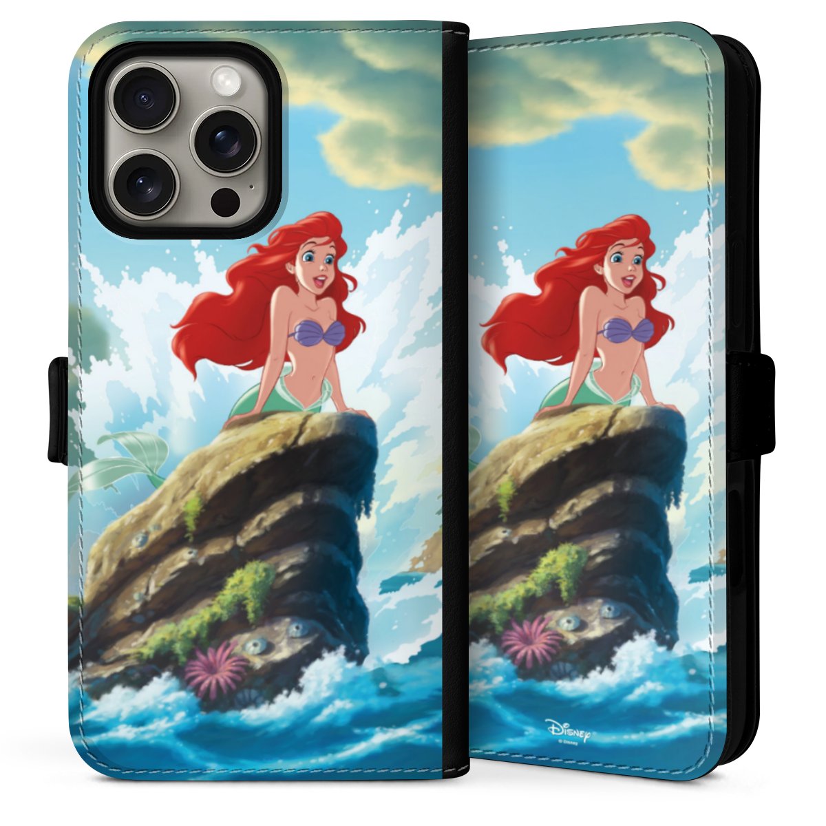 iPhone 16 Pro Handy Klapphülle Handyhülle aus Kunst Leder schwarz Flip Case Mermaid Arielle Die Meerjungfrau Official Licensed Product Sideflip mit Lasche