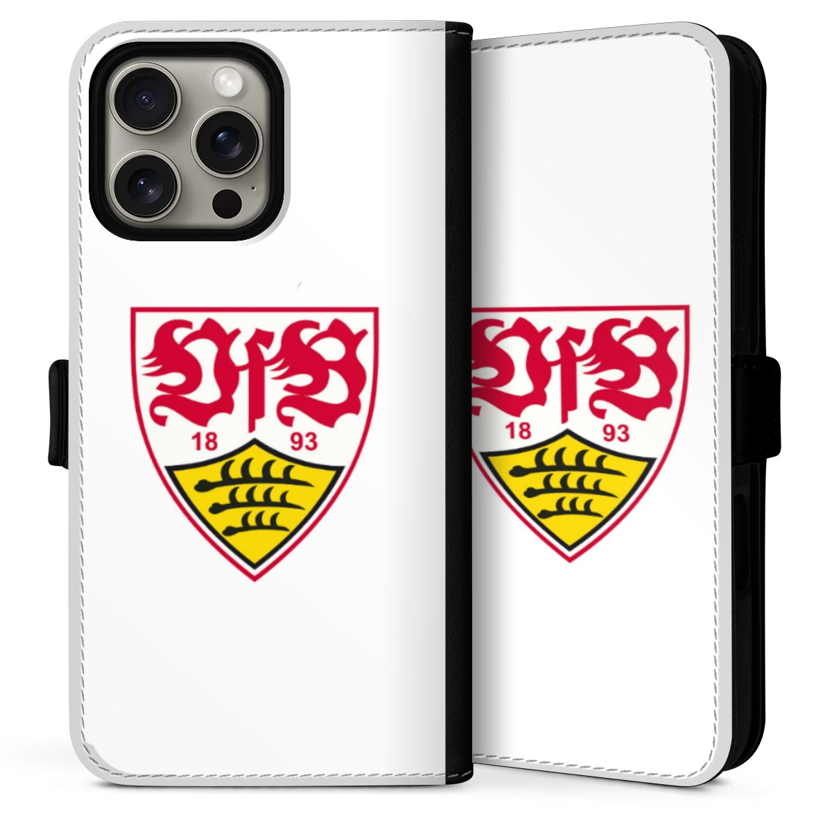 iPhone 16 Pro Handy Klapphülle Handyhülle aus Kunst Leder schwarz Flip Case Logo Official Licensed Product Vfb Stuttgart Sideflip mit Lasche