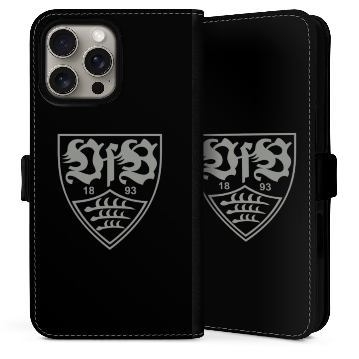 iPhone 16 Pro Handy Klapphülle Handyhülle aus Kunst Leder schwarz Flip Case Official Licensed Product Vfb Stuttgart Sideflip mit Lasche