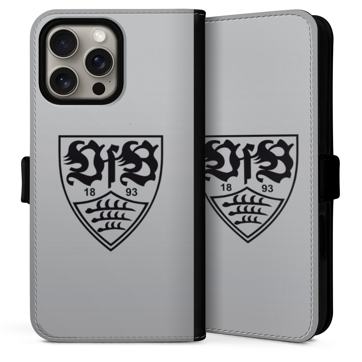 iPhone 16 Pro Handy Klapphülle Handyhülle aus Kunst Leder schwarz Flip Case Logo Vfb Stuttgart Official Licensed Product Sideflip mit Lasche