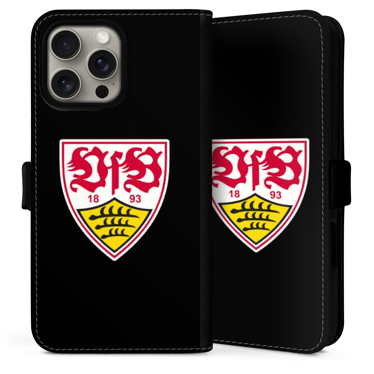 iPhone 16 Pro Handy Klapphülle Handyhülle aus Kunst Leder schwarz Flip Case Vfb Stuttgart Official Licensed Product Coat Of Arms Sideflip mit Lasche