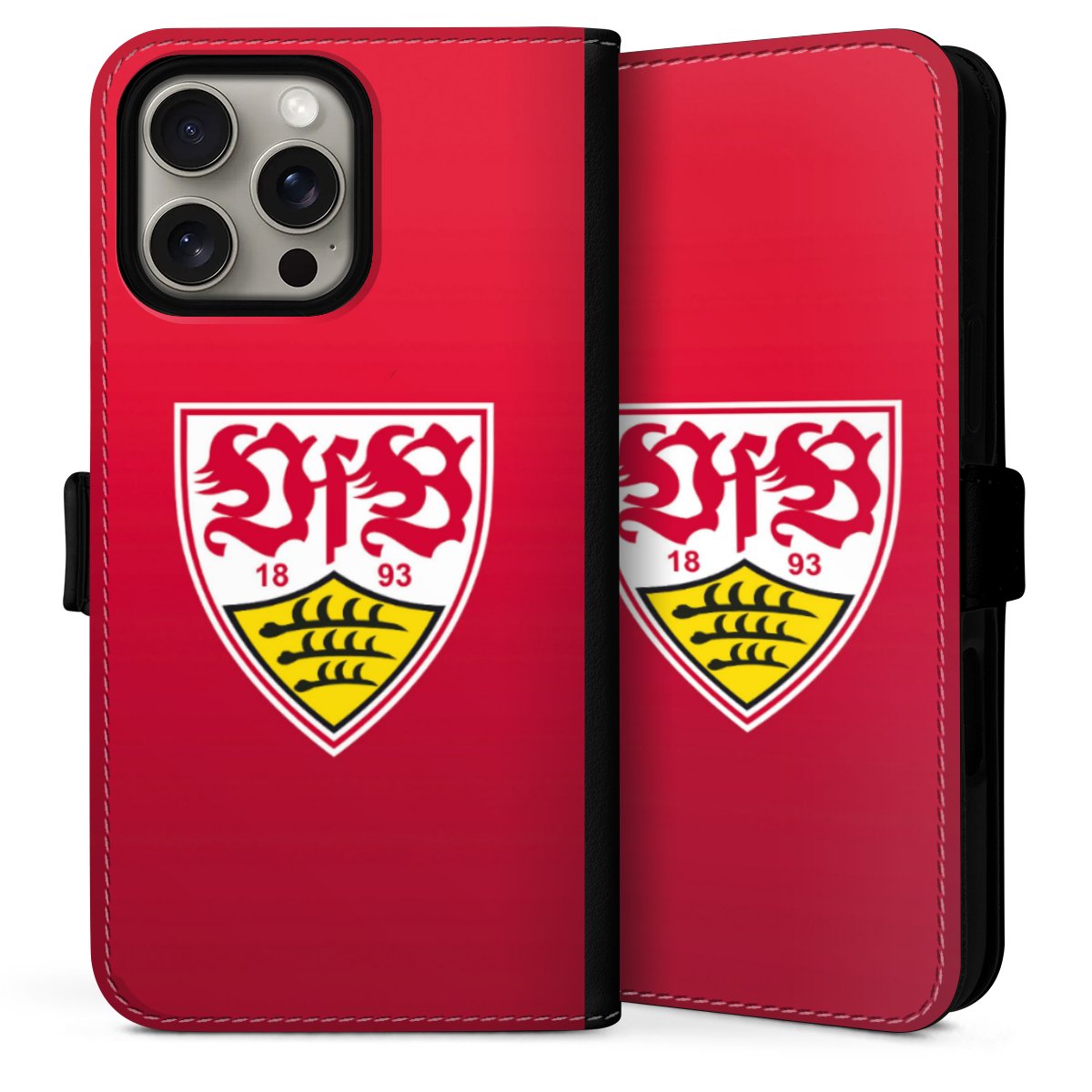 iPhone 16 Pro Handy Klapphülle Handyhülle aus Kunst Leder schwarz Flip Case Official Licensed Product Vfb Stuttgart Sideflip mit Lasche