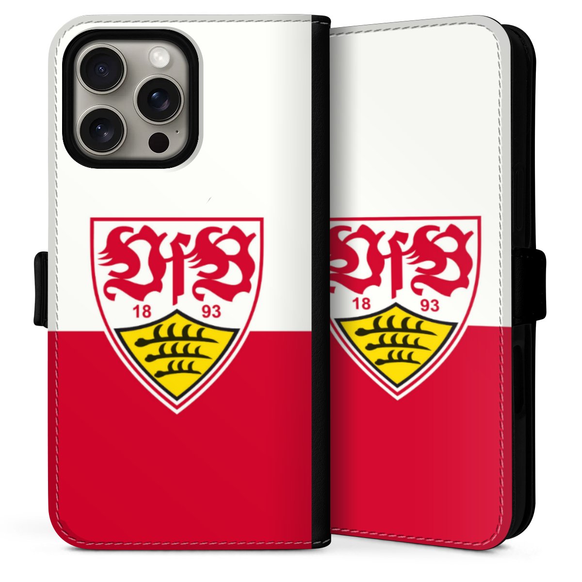 iPhone 16 Pro Handy Klapphülle Handyhülle aus Kunst Leder schwarz Flip Case Official Licensed Product Logo Vfb Stuttgart Sideflip mit Lasche