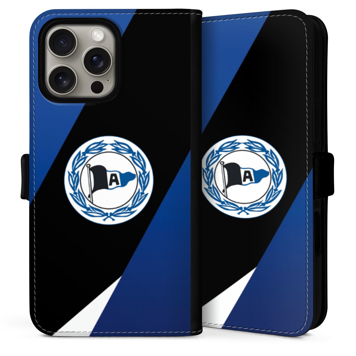 iPhone 16 Pro Handy Klapphülle Handyhülle aus Kunst Leder schwarz Flip Case Official Licensed Product Arminia Bielefeld Dsc Sideflip mit Lasche