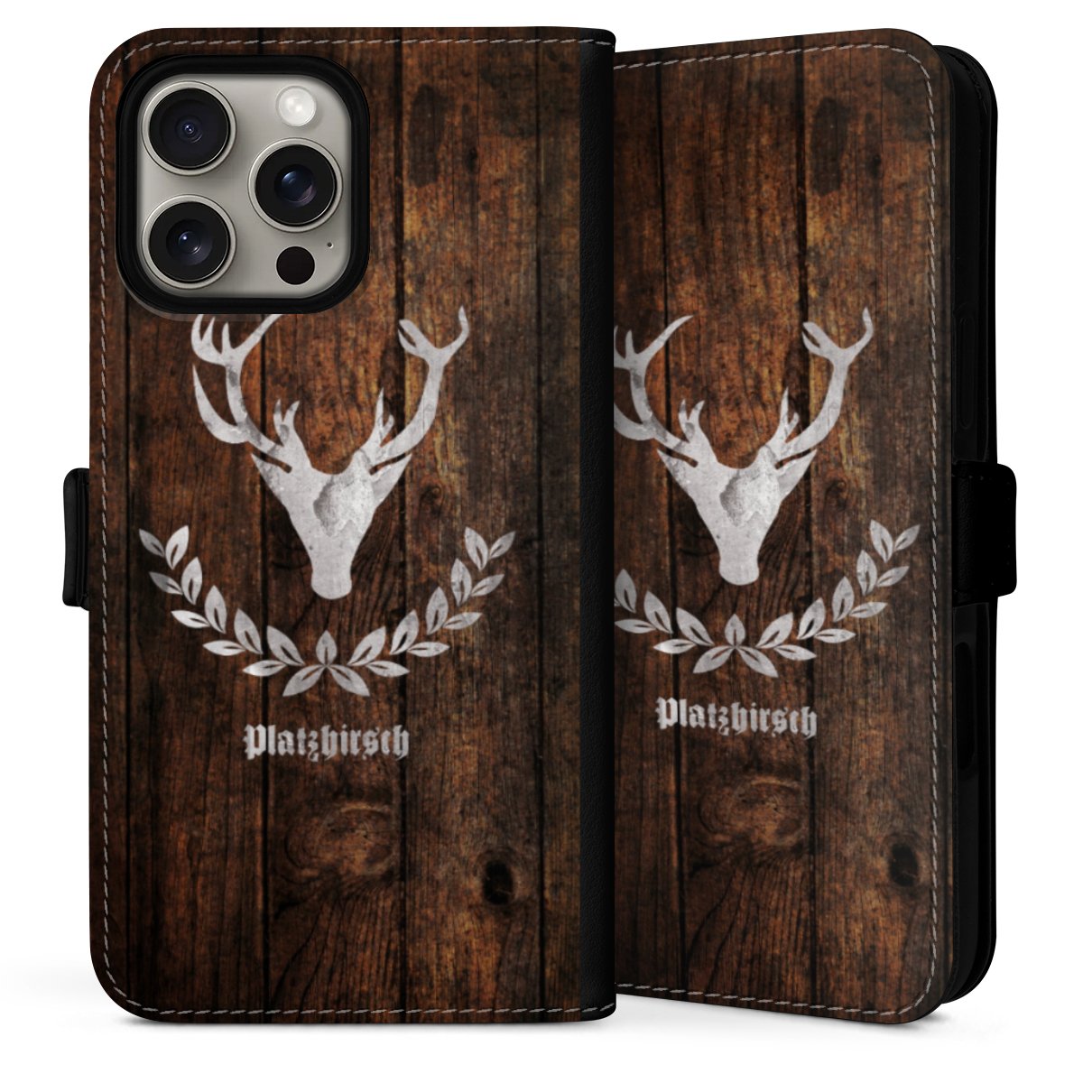 iPhone 16 Pro Handy Klapphülle Handyhülle aus Kunst Leder schwarz Flip Case Deer Wood Wooden Look Sideflip mit Lasche