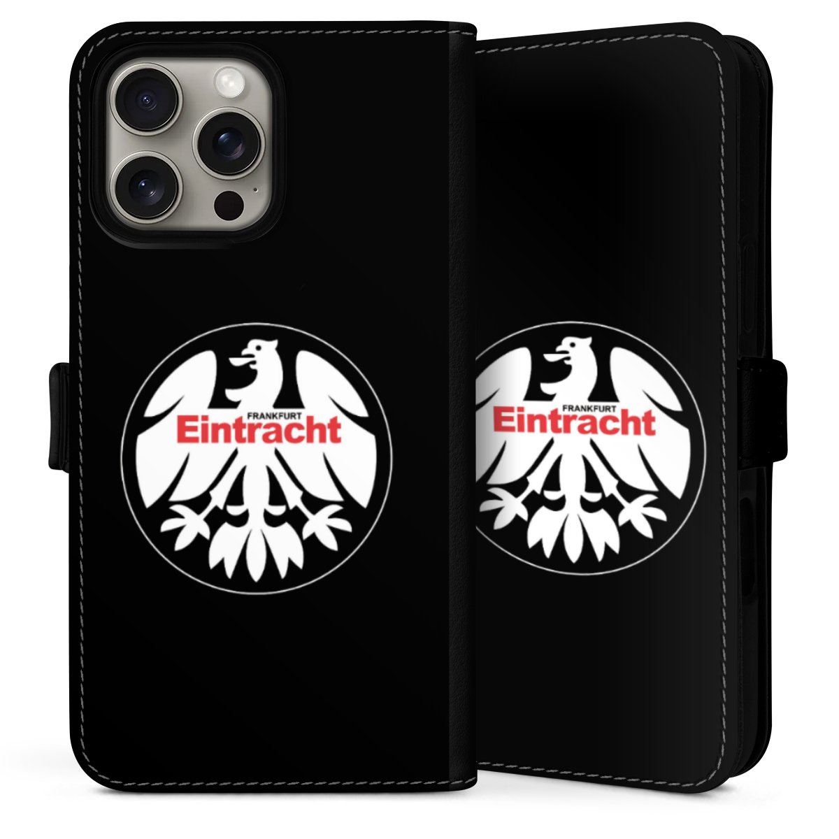 iPhone 16 Pro Handy Klapphülle Handyhülle aus Kunst Leder schwarz Flip Case Official Licensed Product Eintracht Frankfurt Sge Sideflip mit Lasche