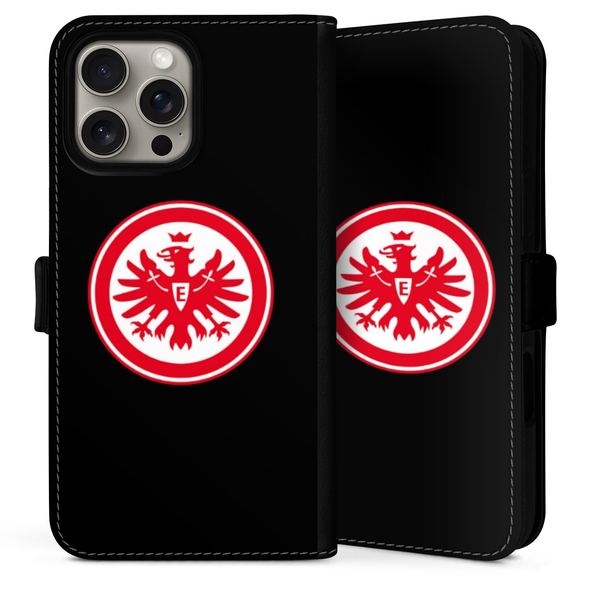 iPhone 16 Pro Handy Klapphülle Handyhülle aus Kunst Leder schwarz Flip Case Eintracht Frankfurt Sge Eagle Sideflip mit Lasche