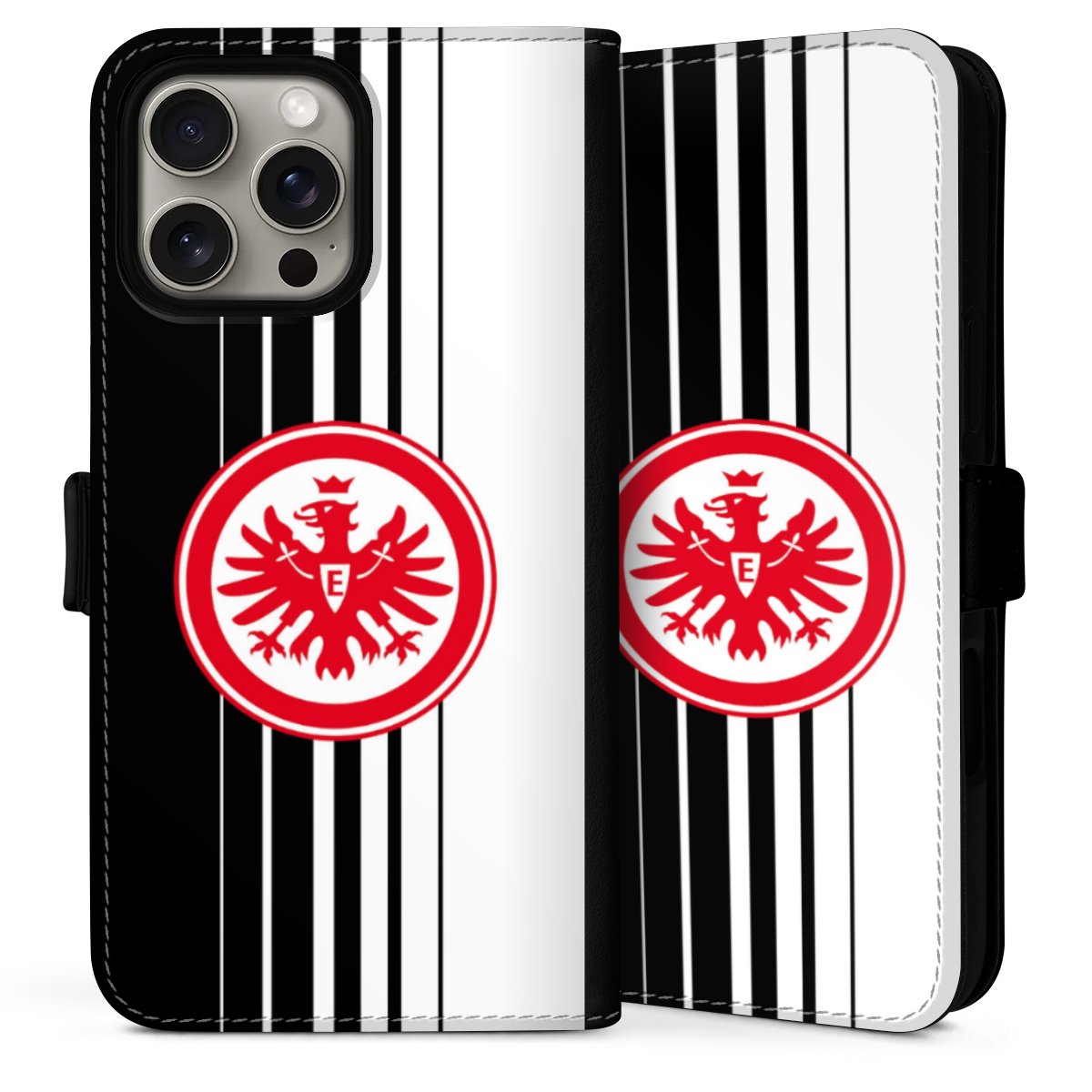 iPhone 16 Pro Handy Klapphülle Handyhülle aus Kunst Leder schwarz Flip Case Stripes Eintracht Frankfurt Official Licensed Product Sideflip mit Lasche