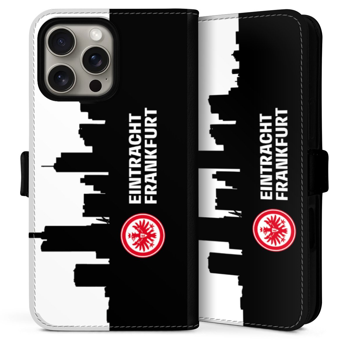 iPhone 16 Pro Handy Klapphülle Handyhülle aus Kunst Leder schwarz Flip Case Sge Eintracht Frankfurt Official Licensed Product Sideflip mit Lasche