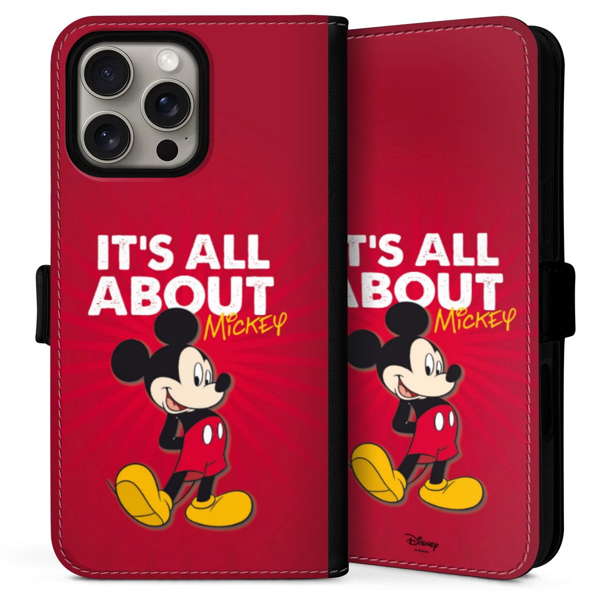 iPhone 16 Pro Handy Klapphülle Handyhülle aus Kunst Leder schwarz Flip Case Mouse Disney Official Licensed Product Sideflip mit Lasche