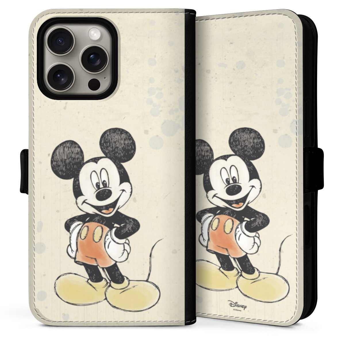 iPhone 16 Pro Handy Klapphülle Handyhülle aus Kunst Leder schwarz Flip Case Water Colour Mickey & Minnie Mouse Official Licensed Product Sideflip mit Lasche