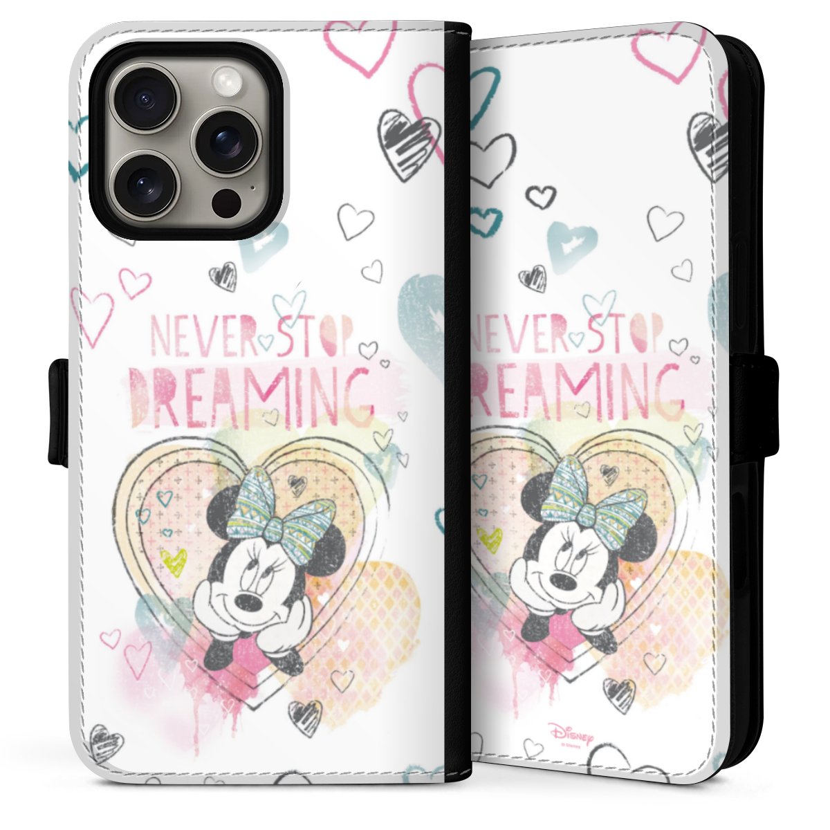 iPhone 16 Pro Handy Klapphülle Handyhülle aus Kunst Leder schwarz Flip Case Disney Official Licensed Product Minnie Mouse Sideflip mit Lasche