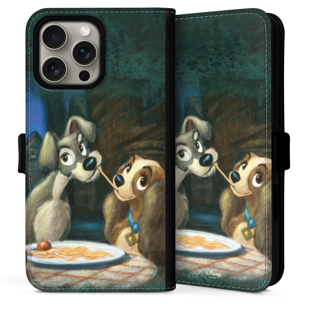 iPhone 16 Pro Handy Klapphülle Handyhülle aus Kunst Leder schwarz Flip Case Lady And The Tramp Official Licensed Product Disney Sideflip mit Lasche