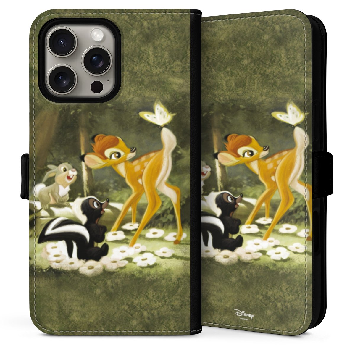 iPhone 16 Pro Handy Klapphülle Handyhülle aus Kunst Leder schwarz Flip Case Disney Official Licensed Product Bambi Sideflip mit Lasche