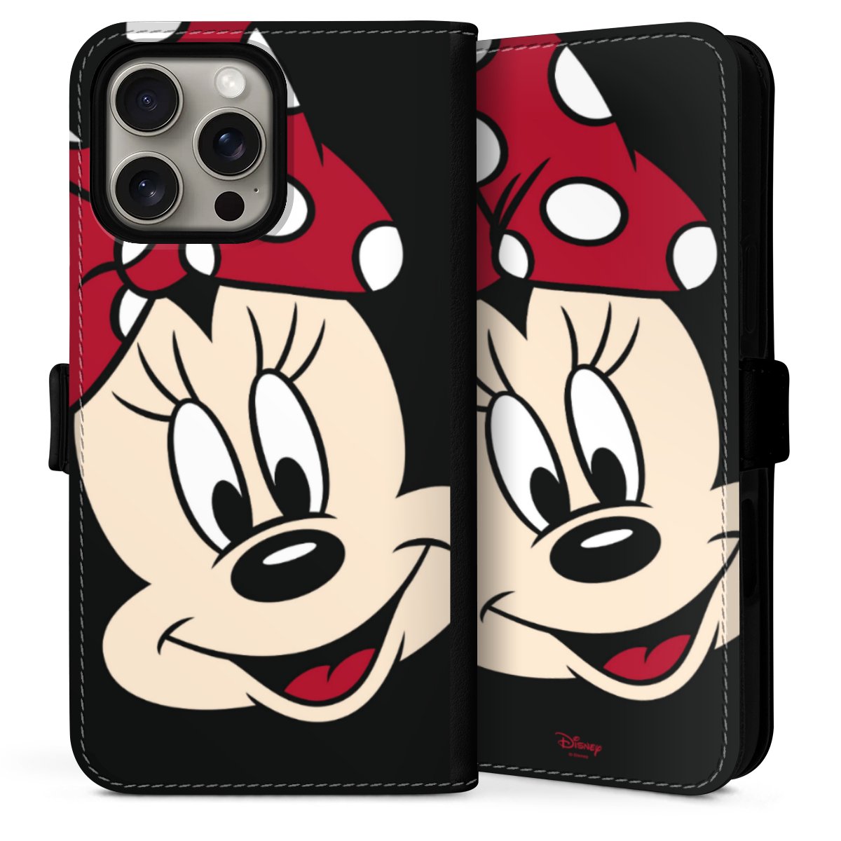 iPhone 16 Pro Handy Klapphülle Handyhülle aus Kunst Leder schwarz Flip Case Minnie Mouse Official Licensed Product Disney Sideflip mit Lasche