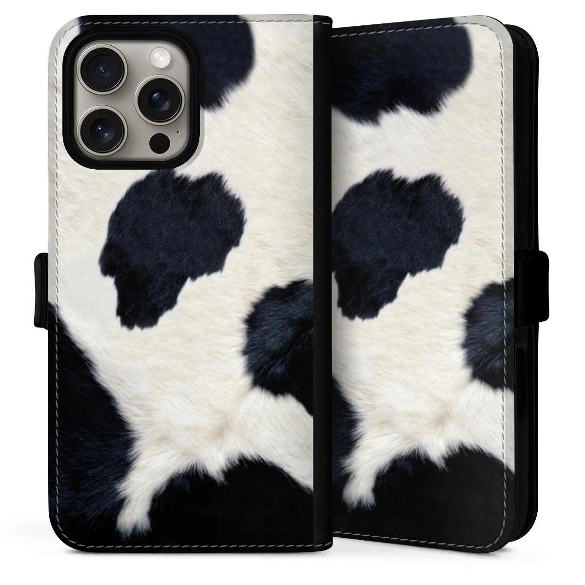 iPhone 16 Pro Handy Klapphülle Handyhülle aus Kunst Leder schwarz Flip Case Animal Look Animal Print Cow Skin Sideflip mit Lasche