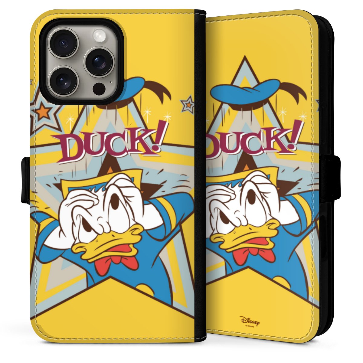 iPhone 16 Pro Handy Klapphülle Handyhülle aus Kunst Leder schwarz Flip Case Official Licensed Product Donald Duck Disney Sideflip mit Lasche