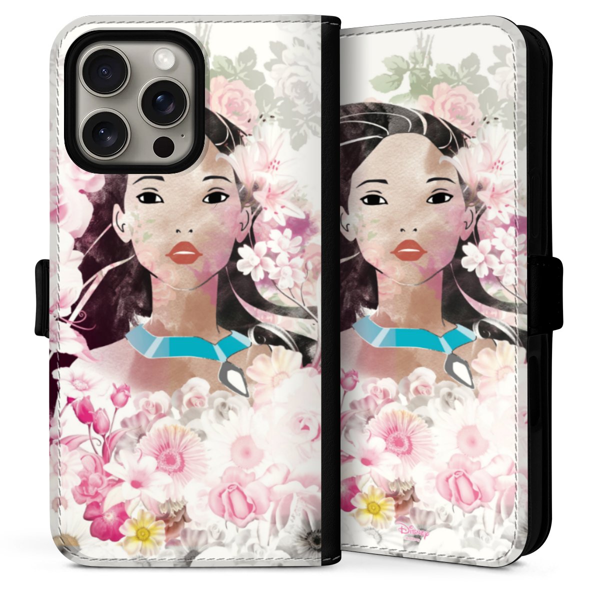 iPhone 16 Pro Handy Klapphülle Handyhülle aus Kunst Leder schwarz Flip Case Pocahontas Official Licensed Product Disney Sideflip mit Lasche