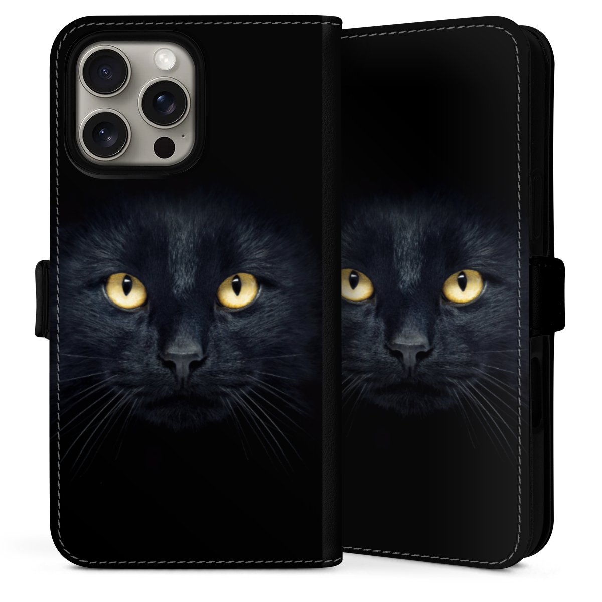 iPhone 16 Pro Handy Klapphülle Handyhülle aus Kunst Leder schwarz Flip Case Eye Cat Black Sideflip mit Lasche