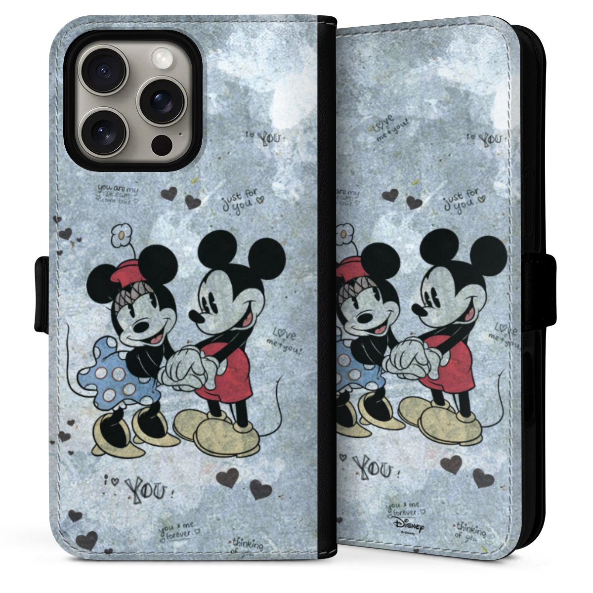 iPhone 16 Pro Handy Klapphülle Handyhülle aus Kunst Leder schwarz Flip Case Mickey & Minnie Mouse Vintage Disney Sideflip mit Lasche