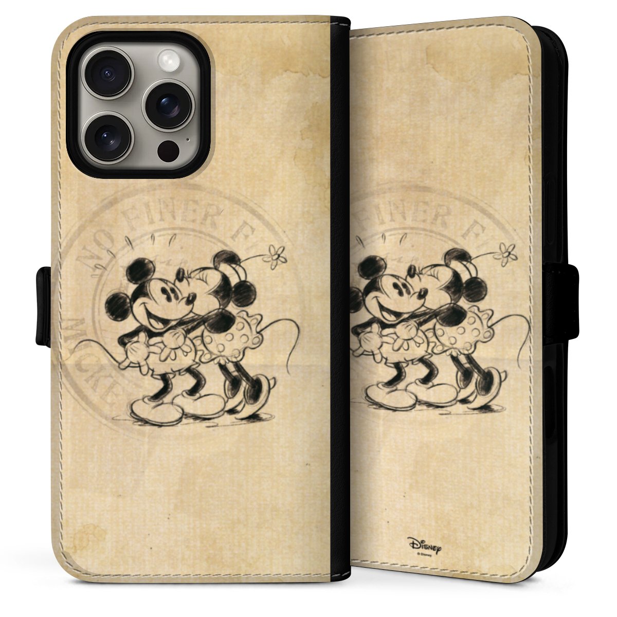 iPhone 16 Pro Handy Klapphülle Handyhülle aus Kunst Leder schwarz Flip Case Mickey Mouse Vintage Minnie Mouse Sideflip mit Lasche