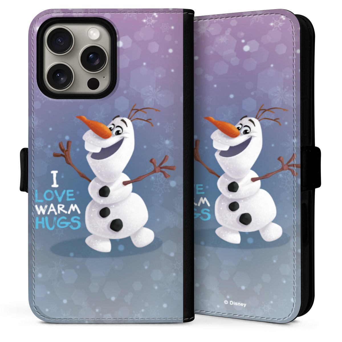 iPhone 16 Pro Handy Klapphülle Handyhülle aus Kunst Leder schwarz Flip Case Frozen Frozen Olaf Official Licensed Product Sideflip mit Lasche