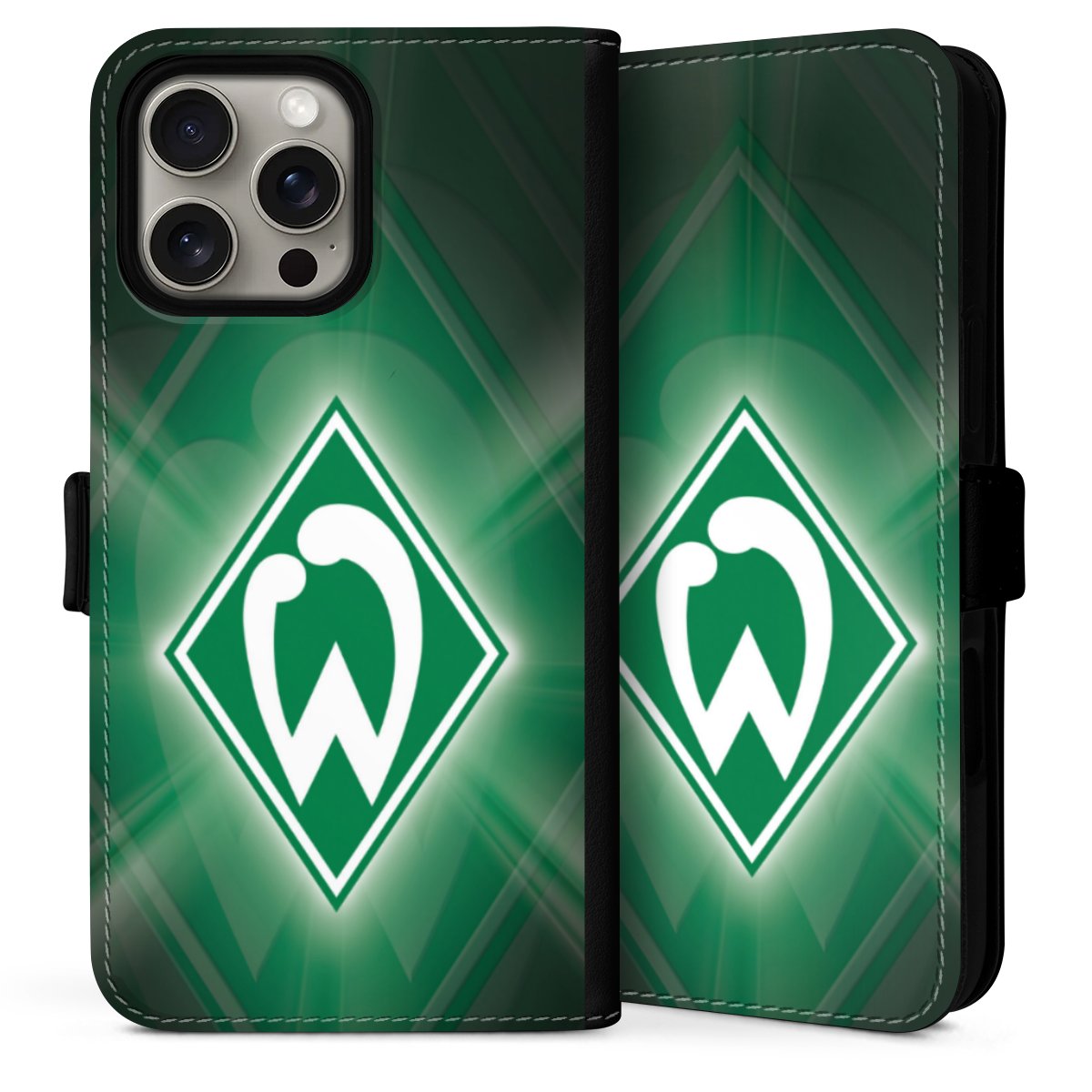 iPhone 16 Pro Handy Klapphülle Handyhülle aus Kunst Leder schwarz Flip Case Sv Werder Bremen Official Licensed Product Coat Of Arms Sideflip mit Lasche