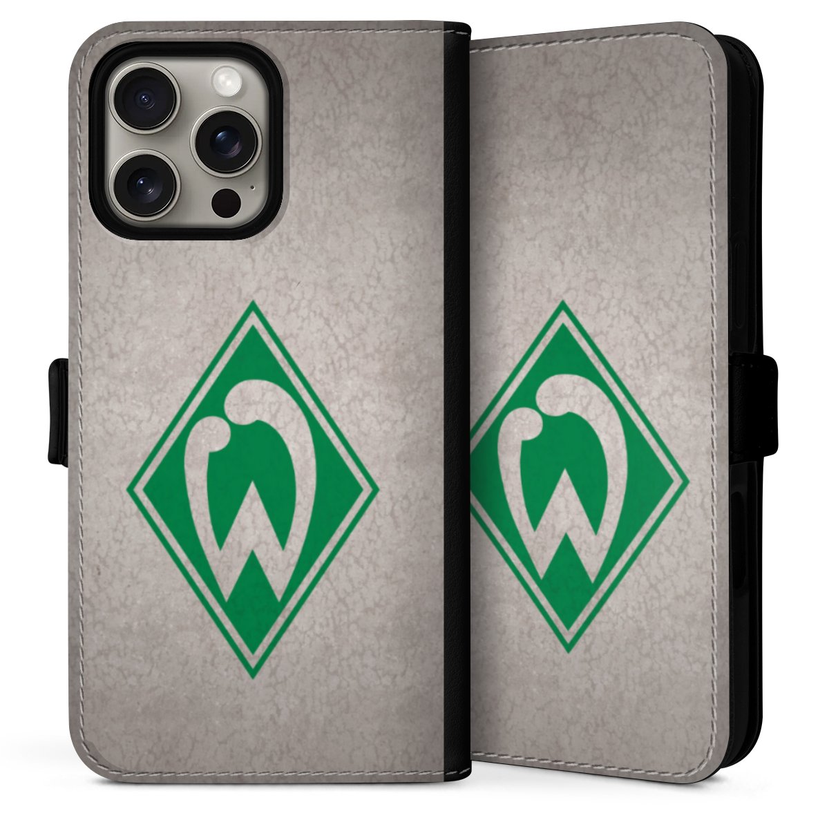 iPhone 16 Pro Handy Klapphülle Handyhülle aus Kunst Leder schwarz Flip Case Sv Werder Bremen Concrete Official Licensed Product Sideflip mit Lasche