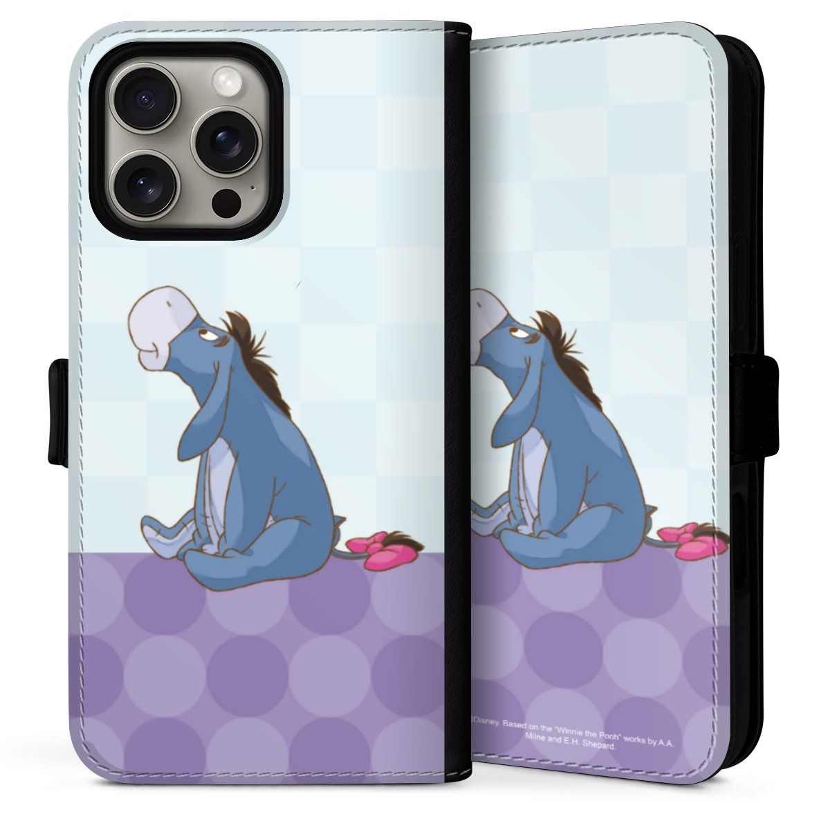 iPhone 16 Pro Handy Klapphülle Handyhülle aus Kunst Leder schwarz Flip Case Disney Donkey Winnie The Pooh Sideflip mit Lasche