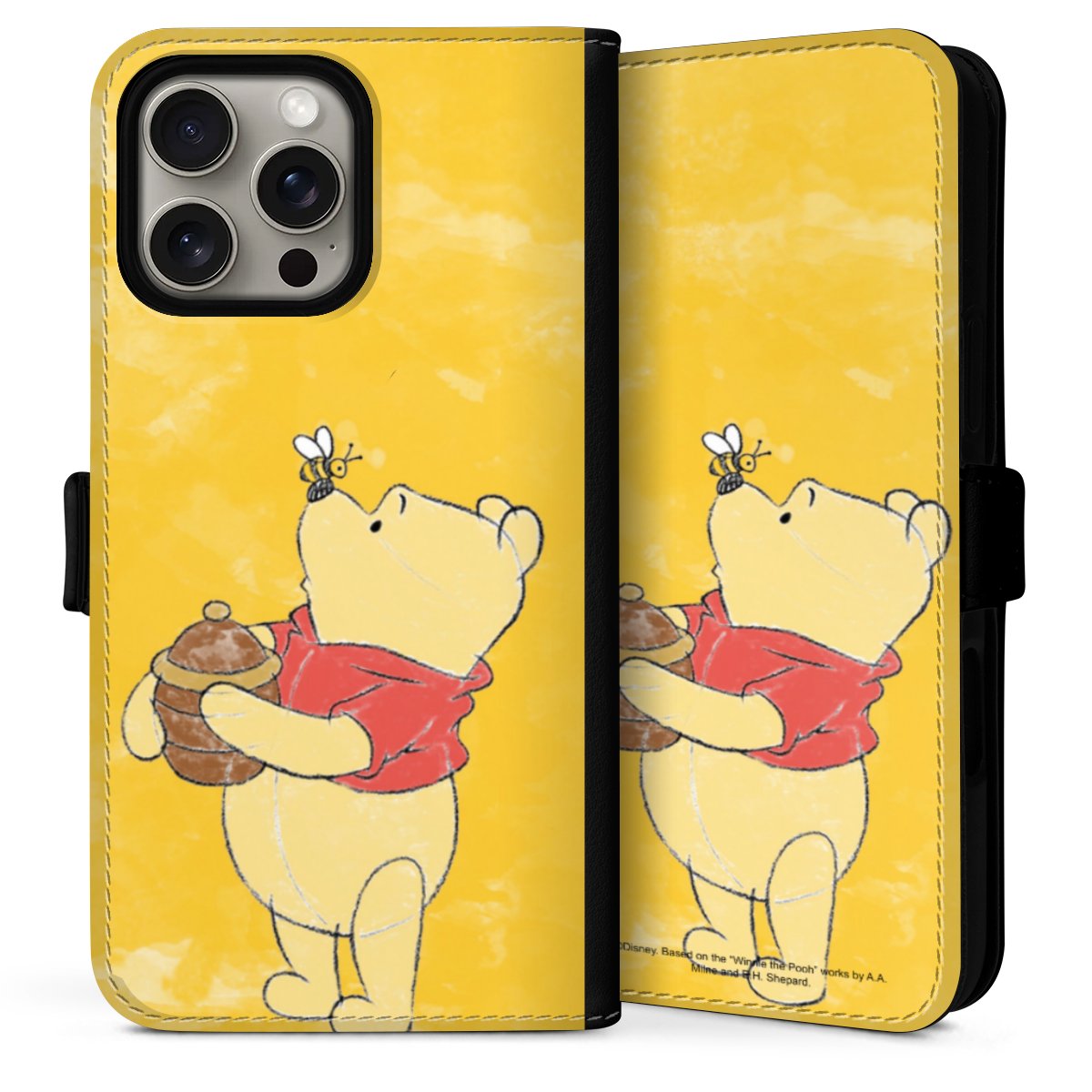 iPhone 16 Pro Handy Klapphülle Handyhülle aus Kunst Leder schwarz Flip Case Official Licensed Product Winnie The Pooh Disney Sideflip mit Lasche