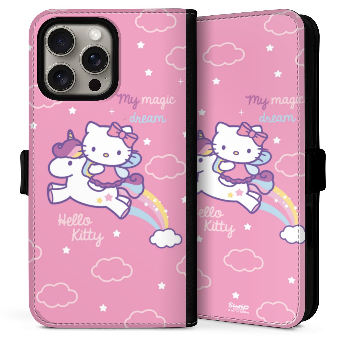 iPhone 16 Pro Handy Klapphülle Handyhülle aus Kunst Leder schwarz Flip Case Einhorn Official Licensed Product Hello Kitty Sideflip mit Lasche