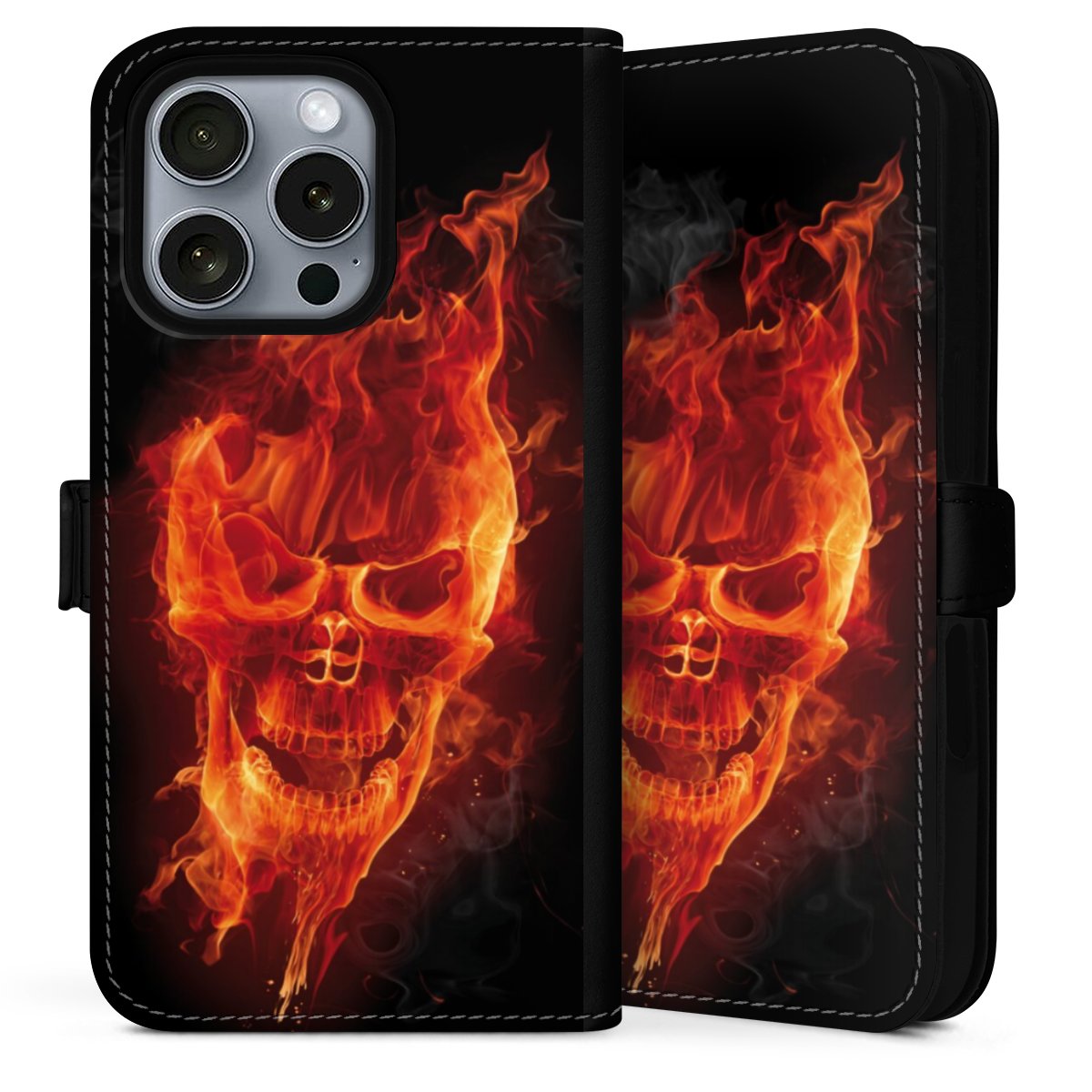 iPhone 16 Pro Max Handy Klapphülle Handyhülle aus Kunst Leder schwarz Flip Case Totenkopf Skull Fire Sideflip mit Lasche