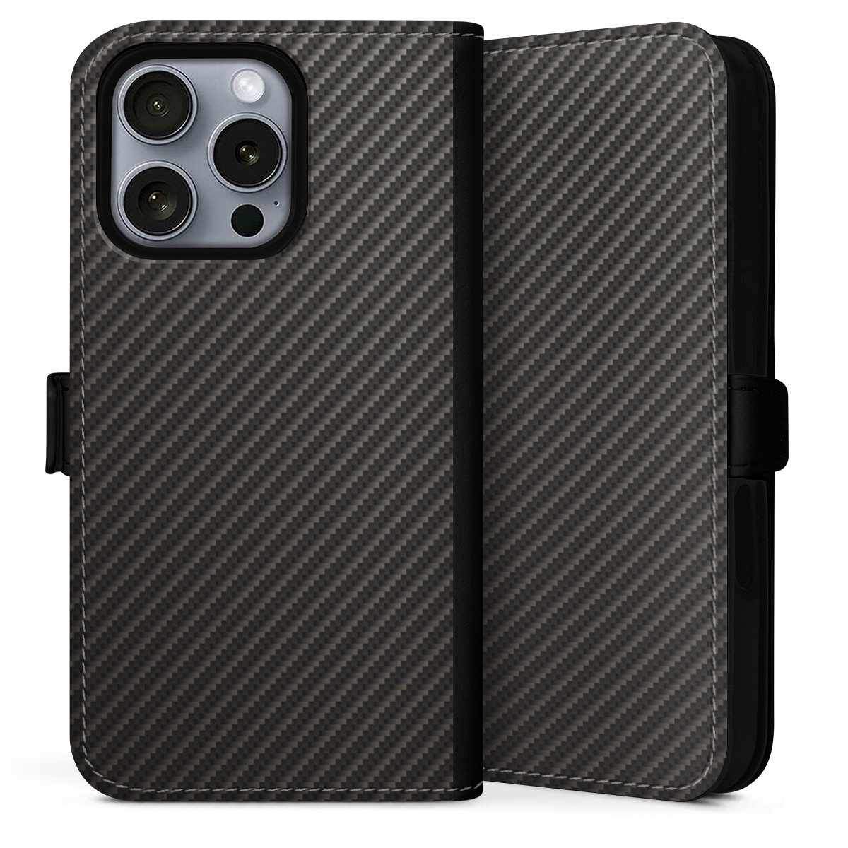 iPhone 16 Pro Max Handy Klapphülle Handyhülle aus Kunst Leder schwarz Flip Case Metallic Look Carbon Muster Sideflip mit Lasche