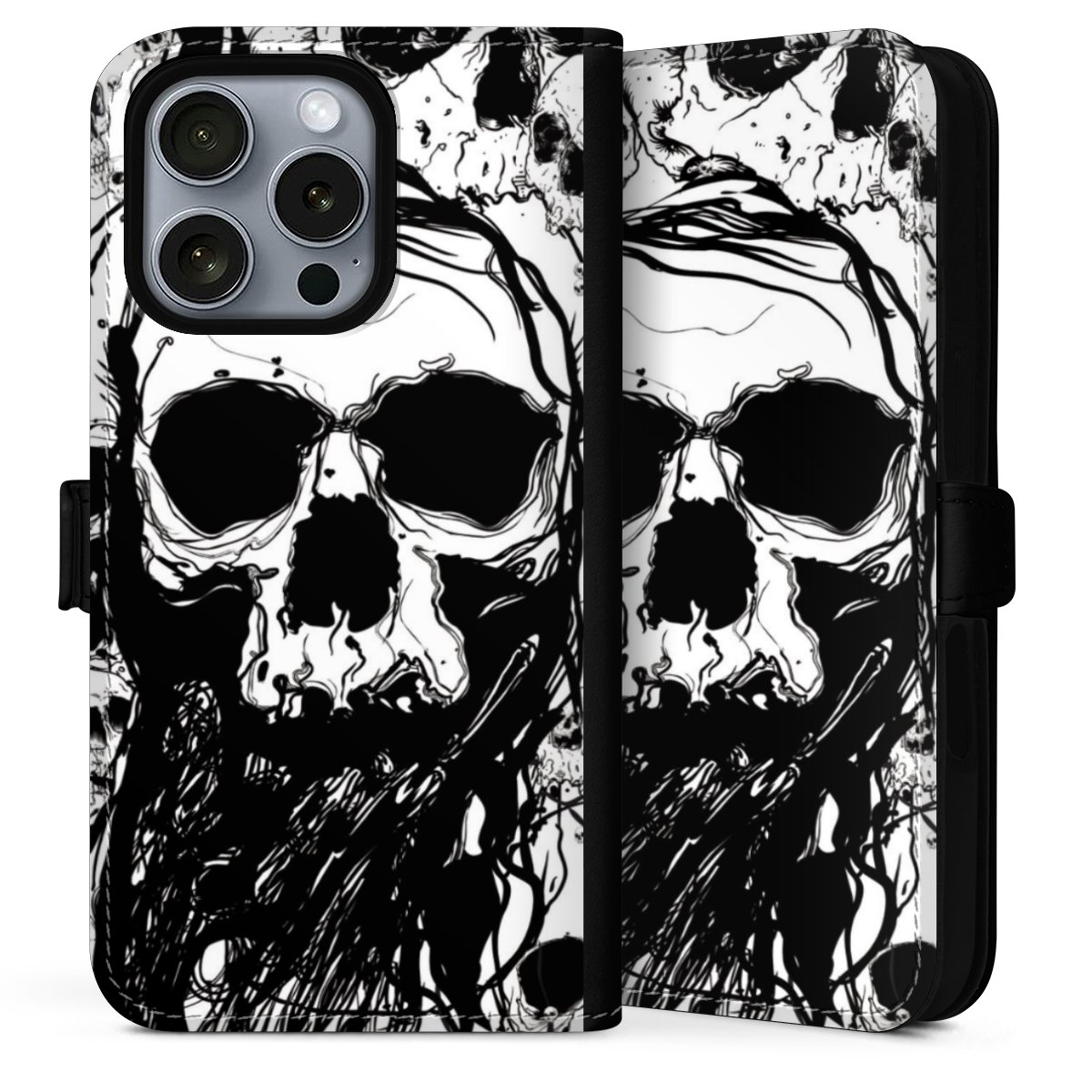 iPhone 16 Pro Max Handy Klapphülle Handyhülle aus Kunst Leder schwarz Flip Case Totenkopf Halloween Sideflip mit Lasche