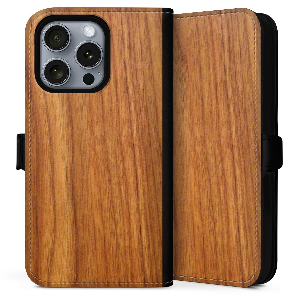 iPhone 16 Pro Max Handy Klapphülle Handyhülle aus Kunst Leder schwarz Flip Case Wood Larch Wooden Look Sideflip mit Lasche